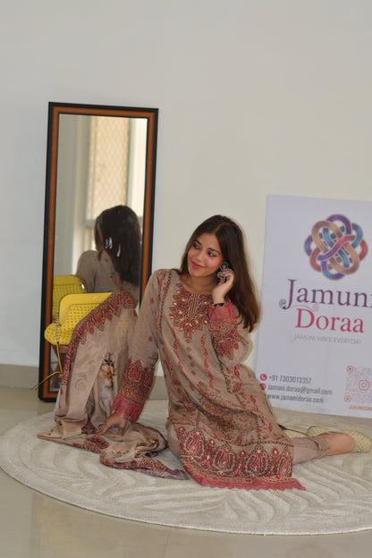 Dark Beige Dola Silk Pakistani Style Suit Set