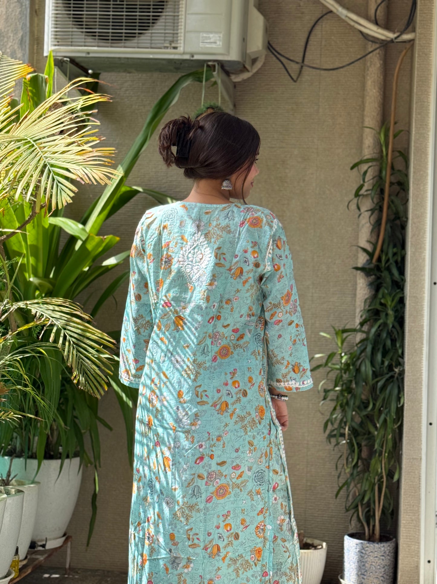 Turquoise Chikankari Malmal Co Ord Set