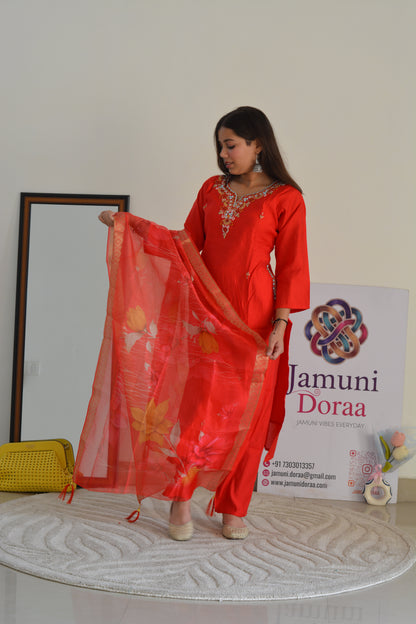 Red Silk with Organza Dupatta Suit Set