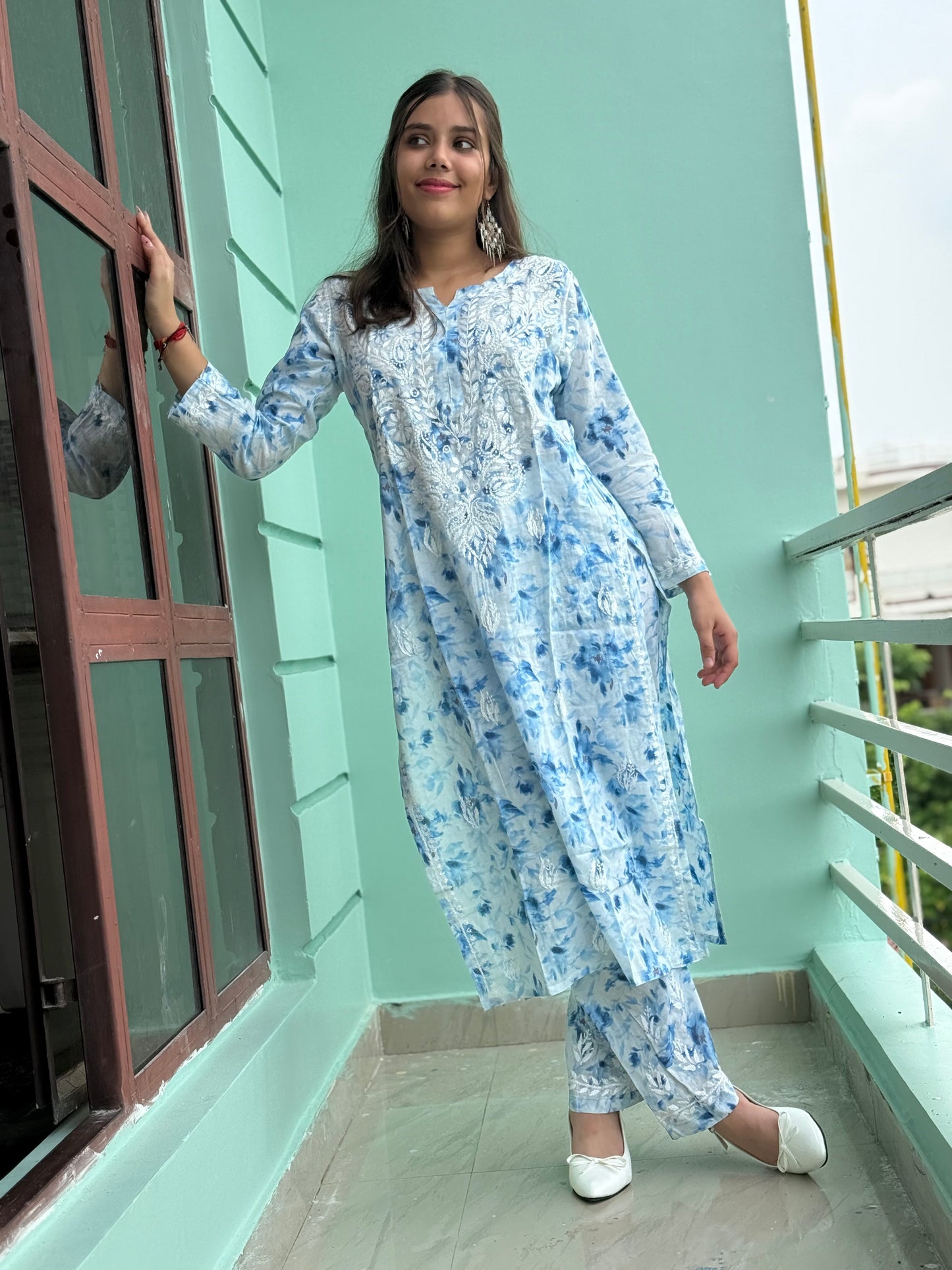 Sky Blue Chikankari Malmal Co Ord Set