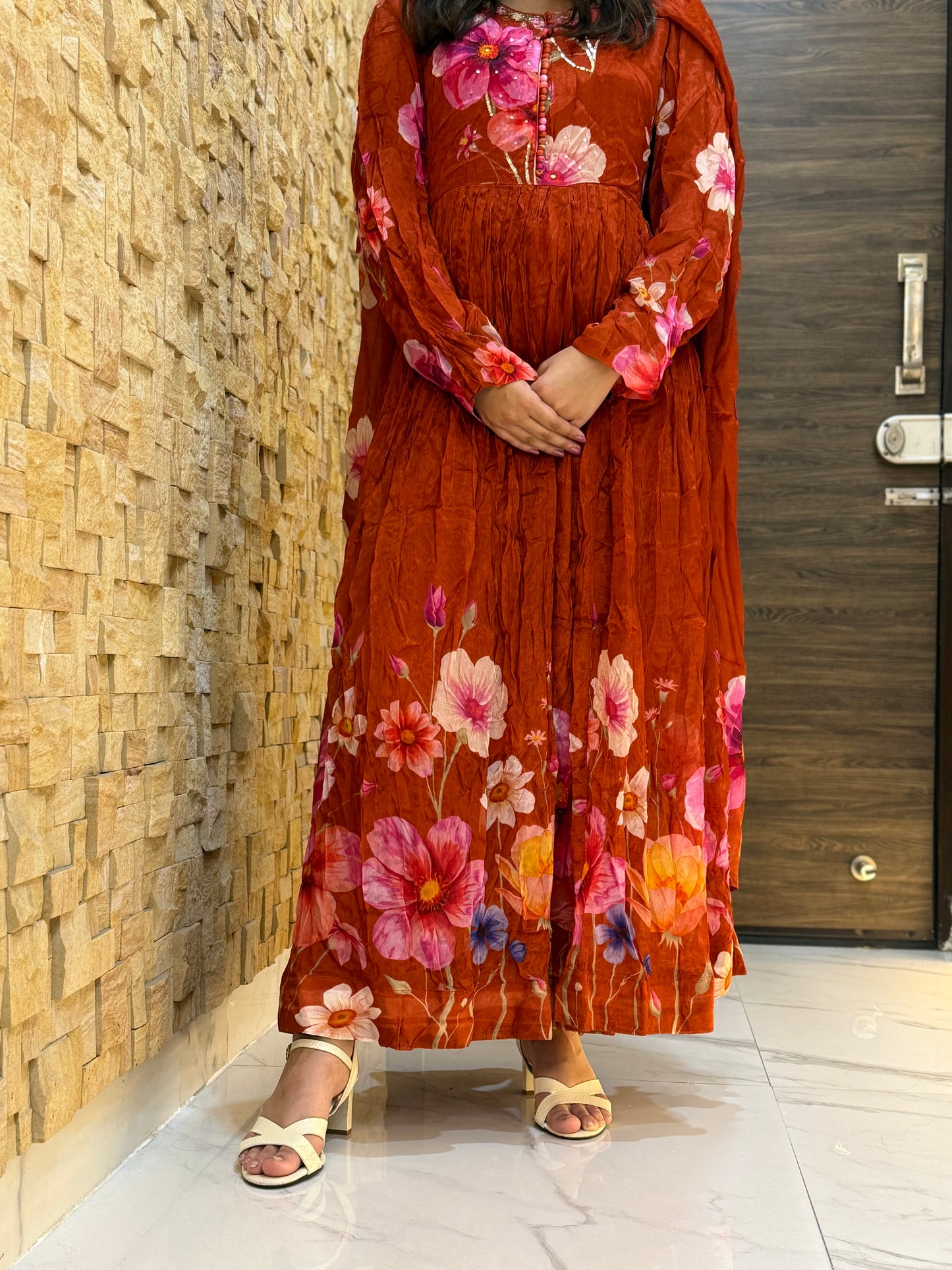 Rust Pure Chinon Anarakali Suit Set