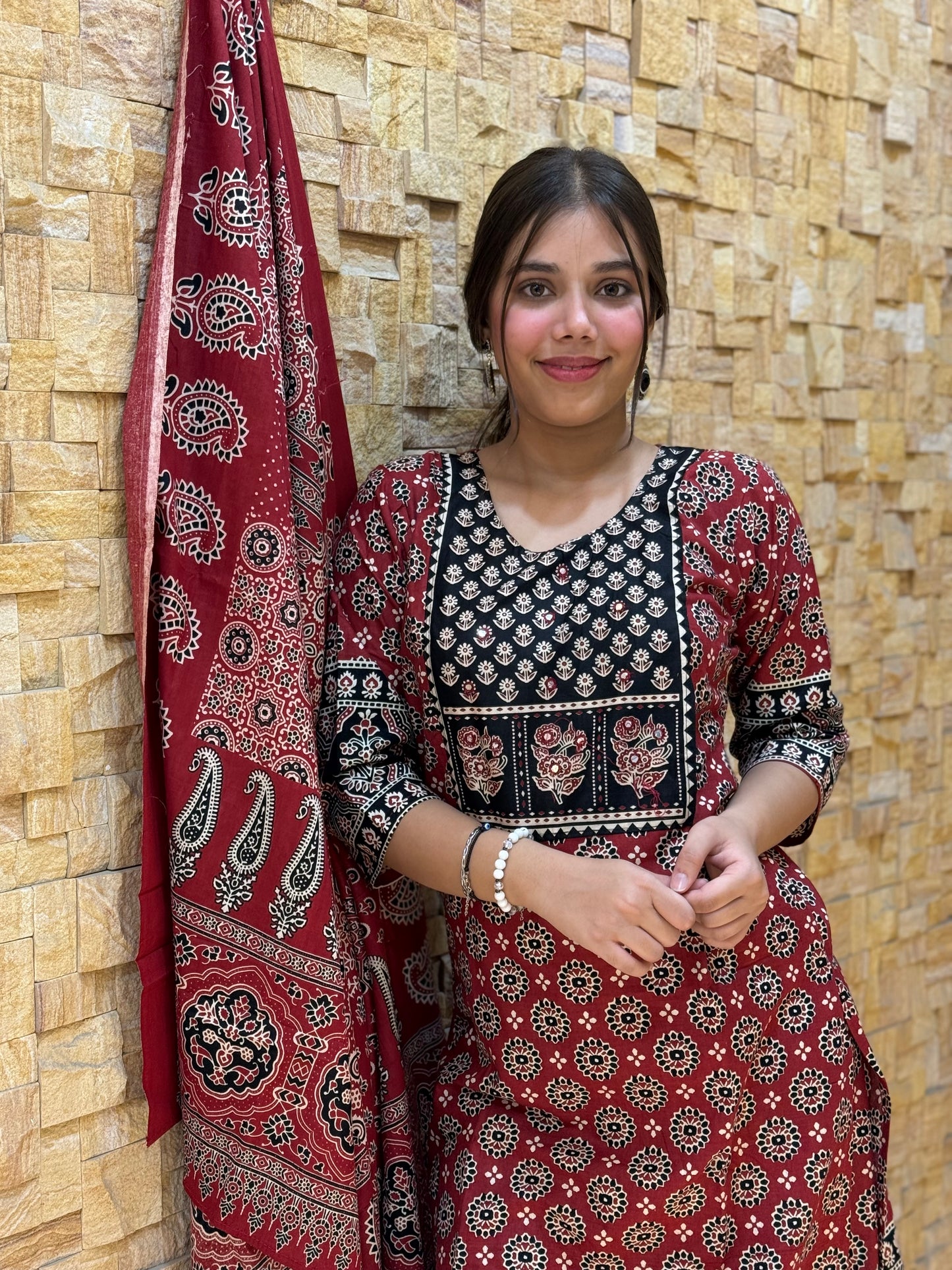 Maroon Ajrakh Cotton Suit Set