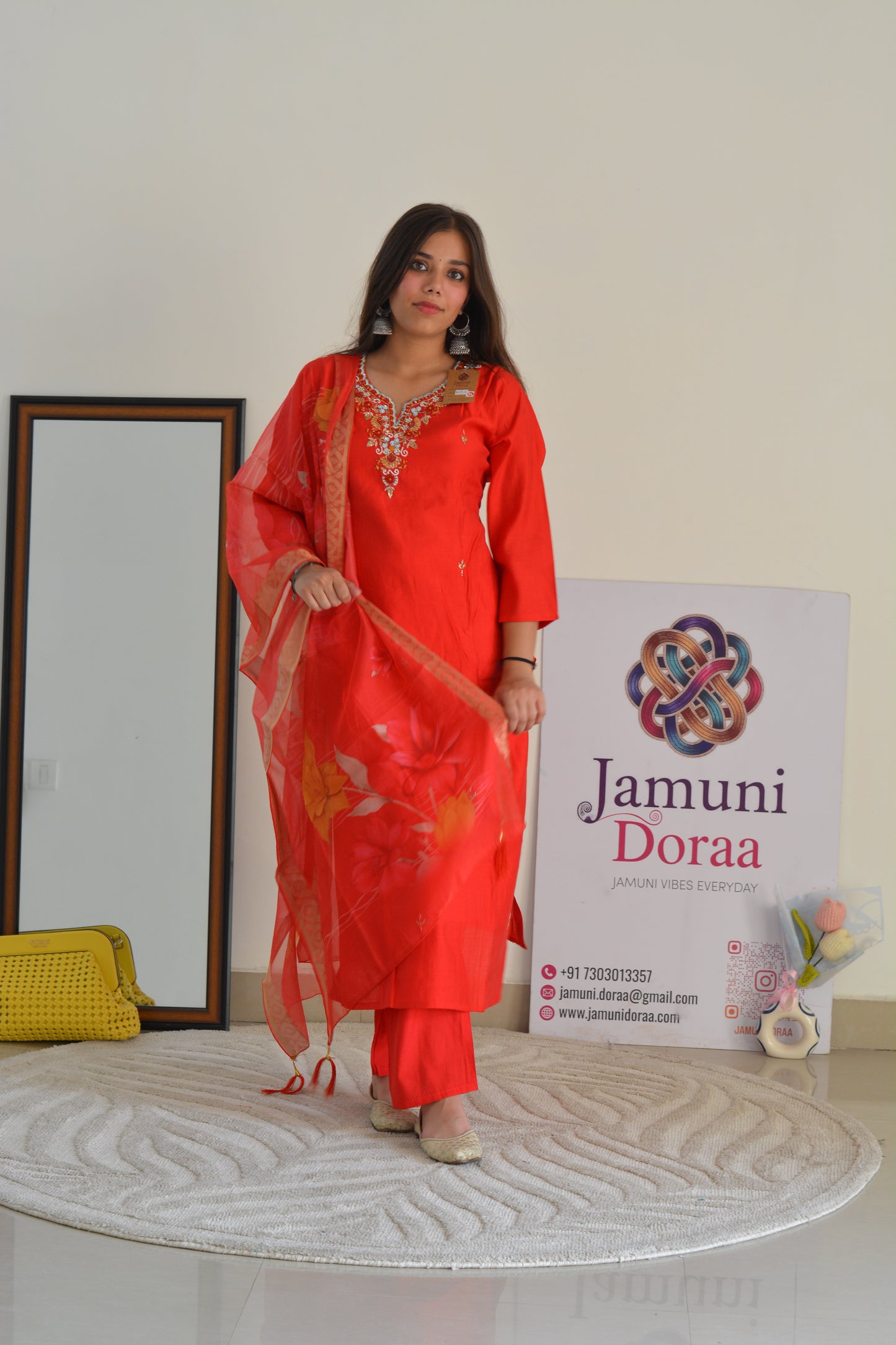 Red Silk with Organza Dupatta Suit Set