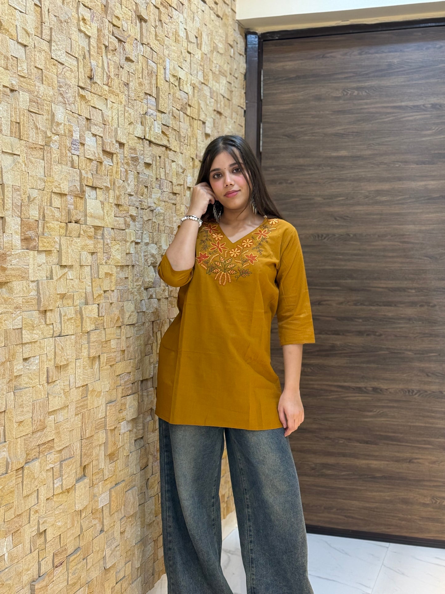 Mustard Cotton with Embroidery Short Kurti