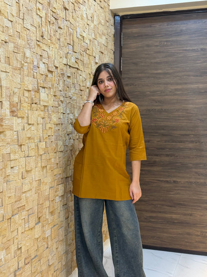 Mustard Cotton with Embroidery Short Kurti