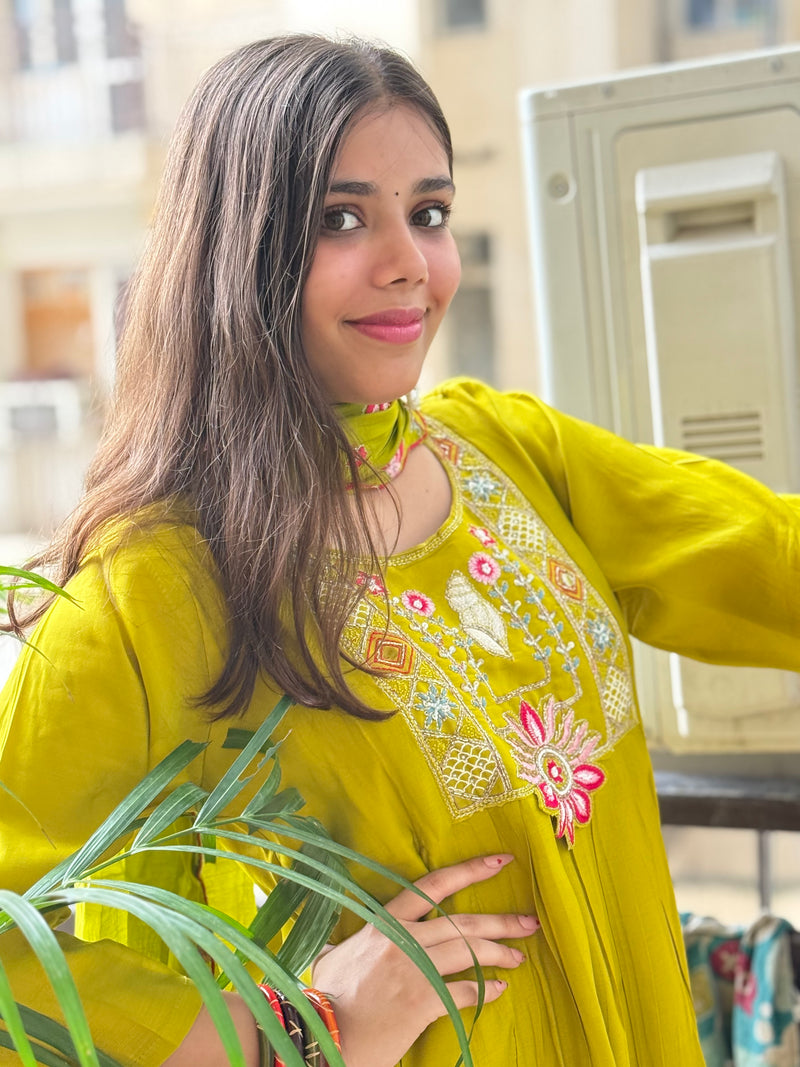 Green Mal Chanderi Aline Dupatta Suit Set