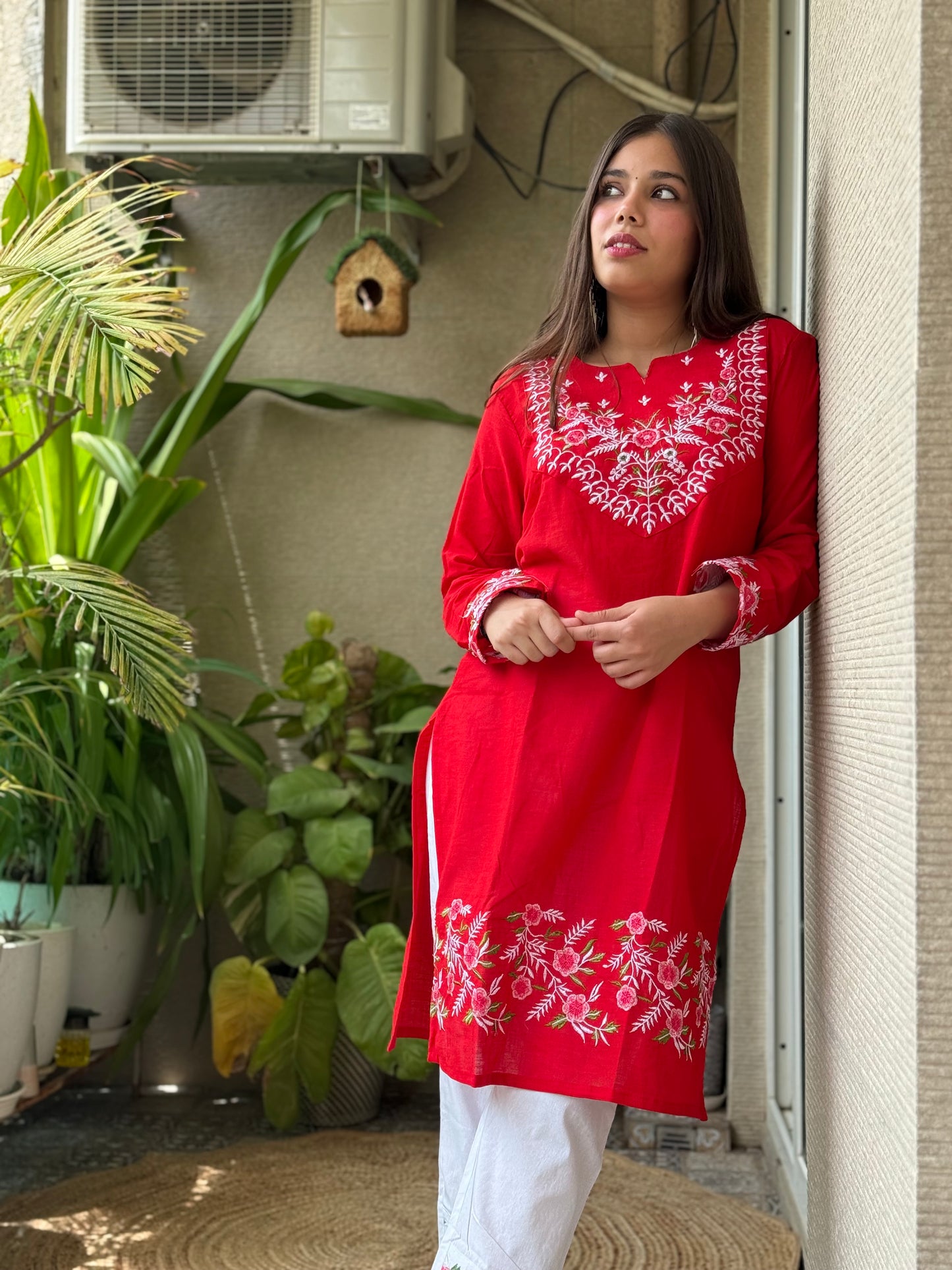 Red Cotton Embroidery Co Ord Set