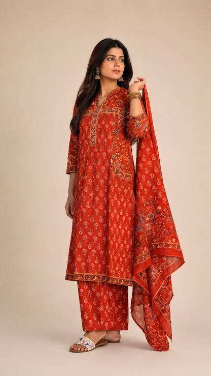 Red Cotton Pocket Style with Mal Dupatta Suit Set