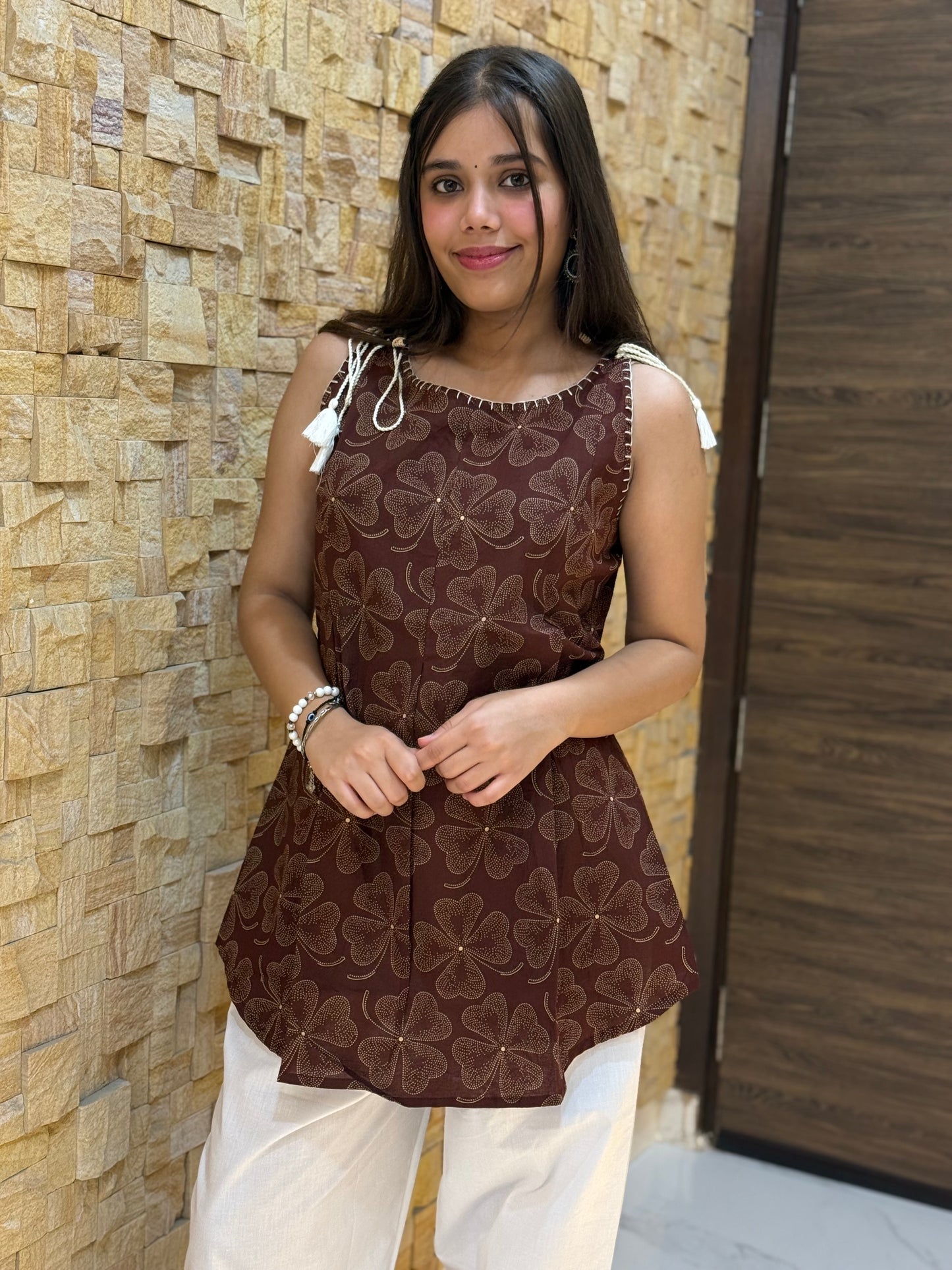 Brown Floral Print Sleeveless Short Kurti with Tie-knot details