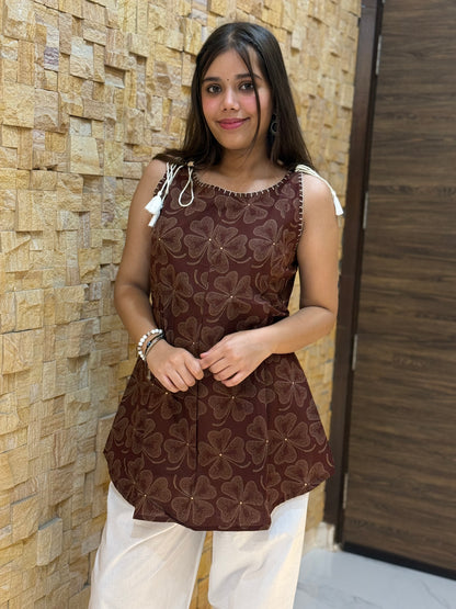 Brown Floral Print Sleeveless Short Kurti with Tie-knot details