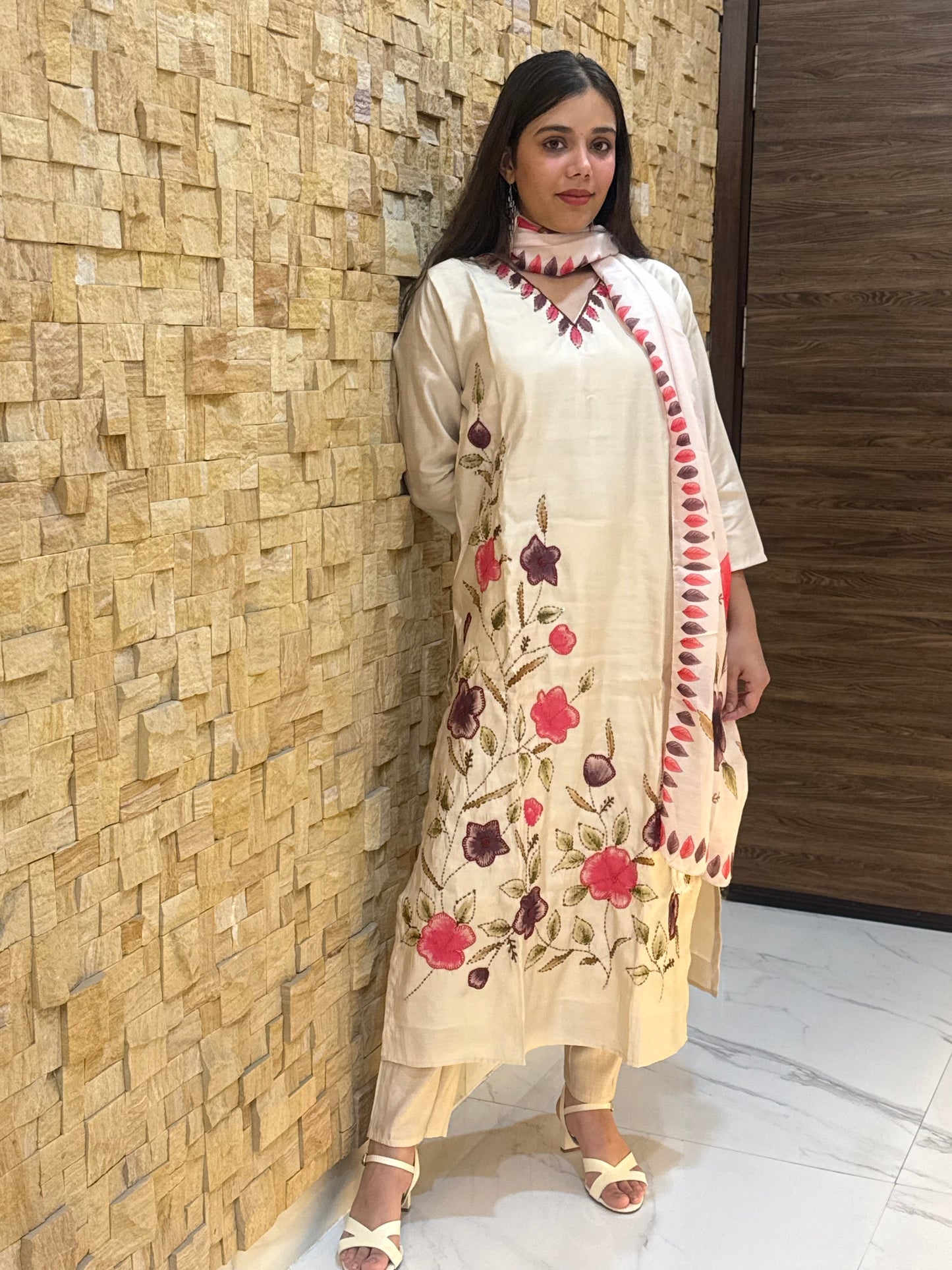 Beige Kantha Embroidery Silk with Dupatta Suit Set