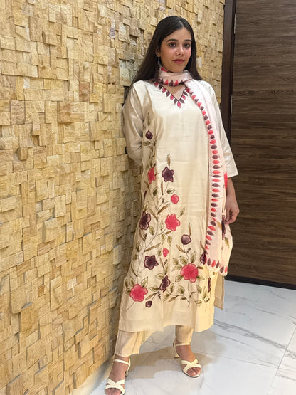 Beige Kantha Embroidery Silk with Dupatta Suit Set