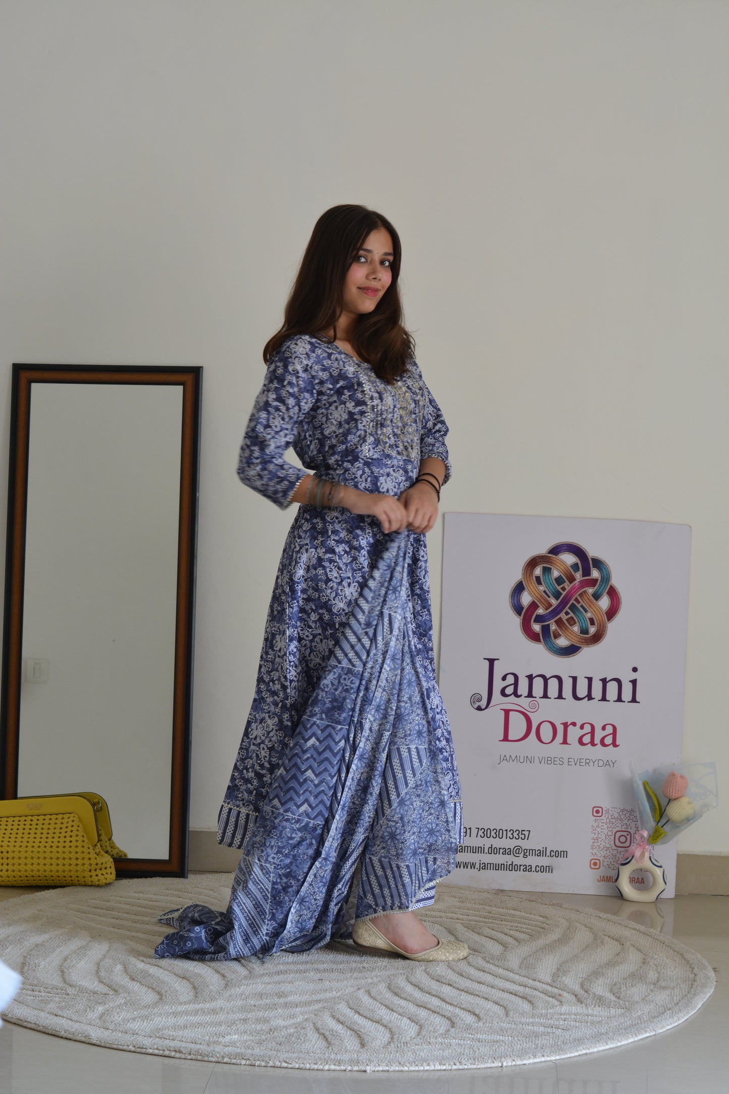 Blue Cotton Anarkali Style With Dupatta Suit Set
