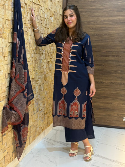 Blue Temple design Cotton Suit Set