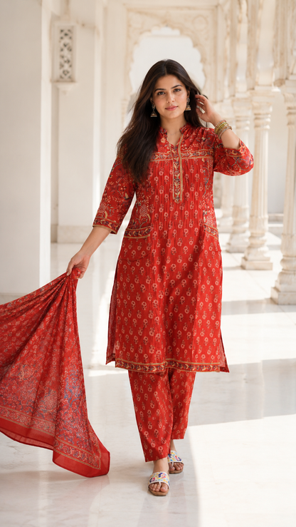 Red Cotton Pocket Style with Mal Dupatta Suit Set