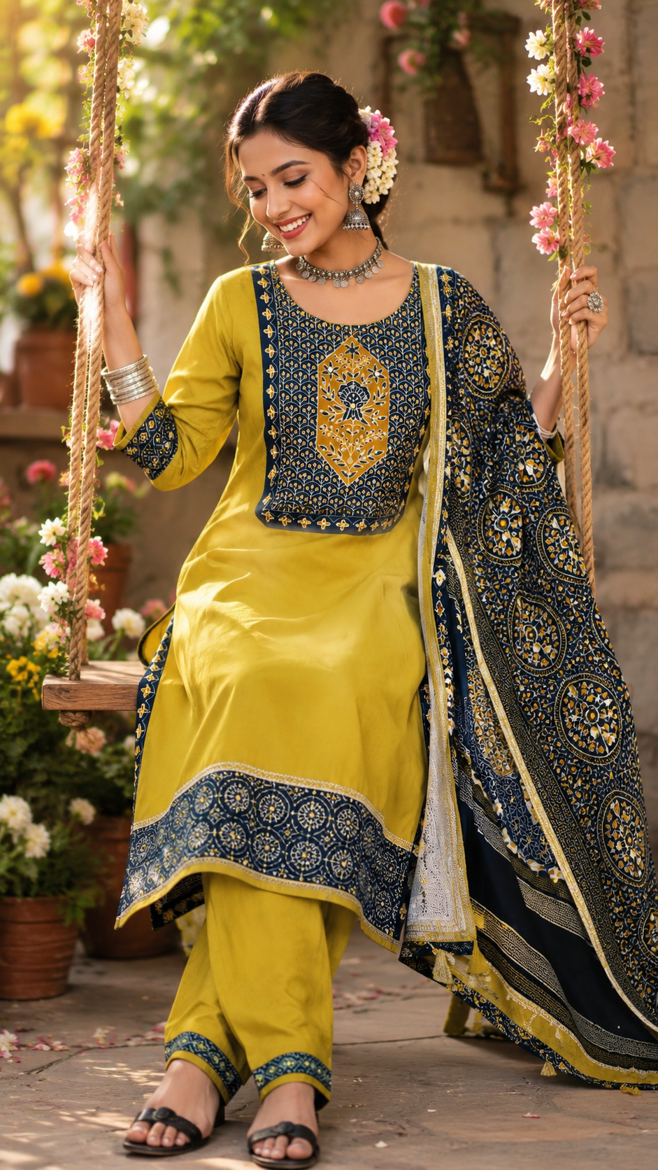 Mehndi Green Ajrakh Cotton Suit Set