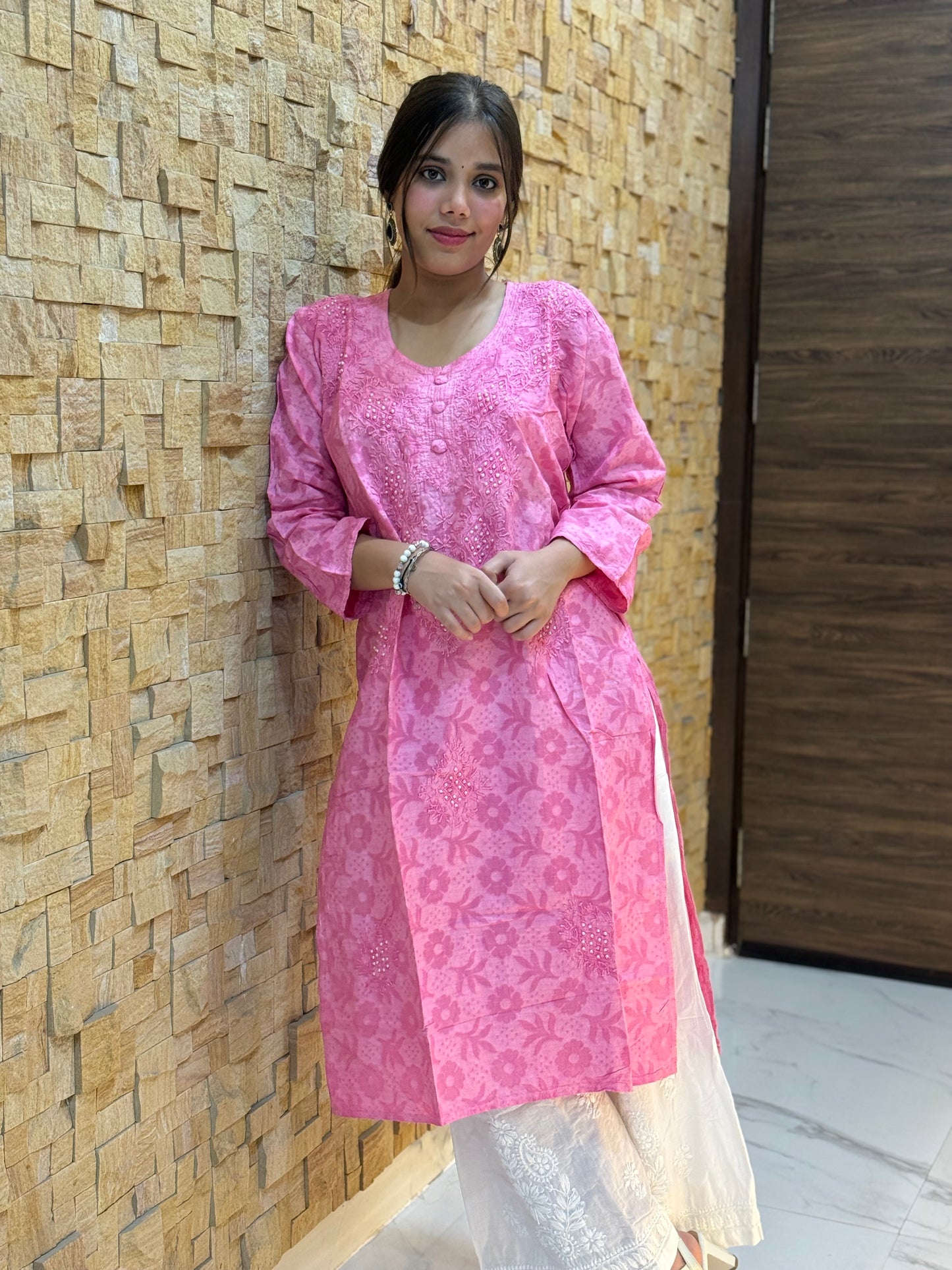 Rose Pink Cotton Chikankari Kurti