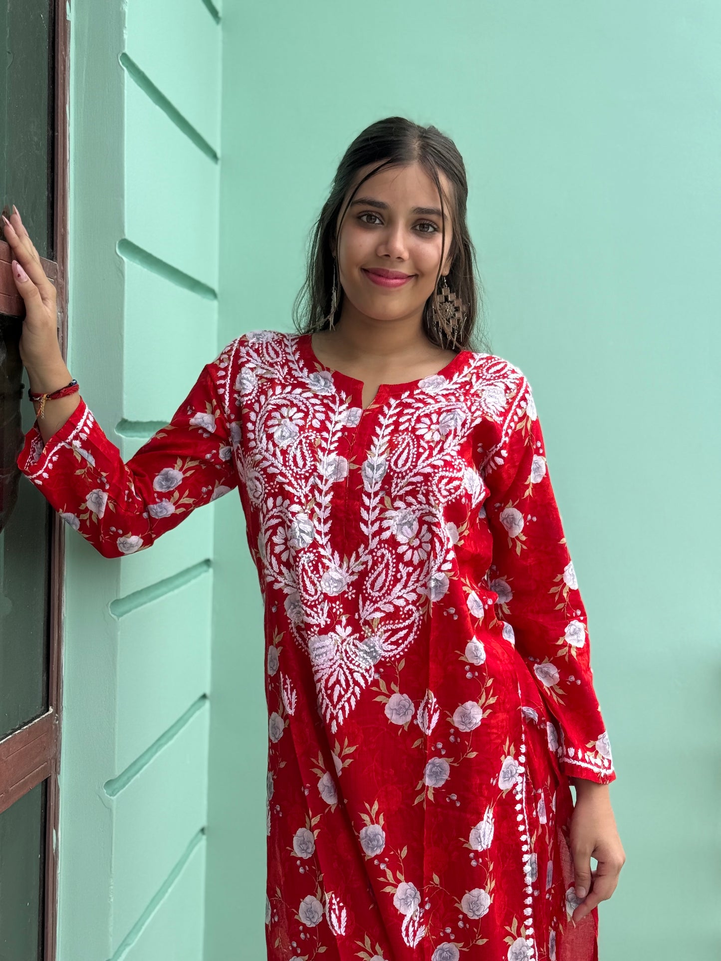 Red Chikankari Malmal Co Ord Set