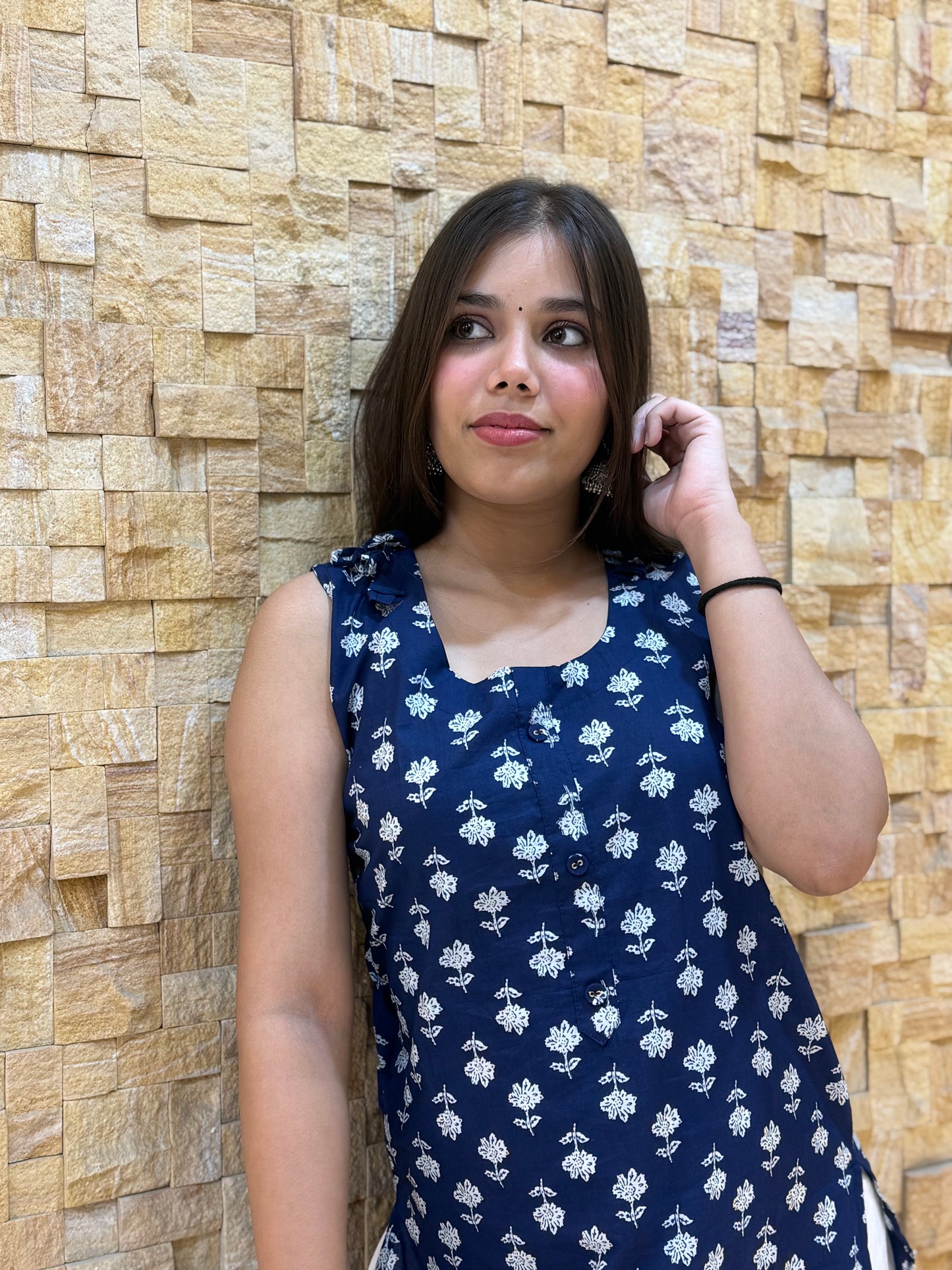 Navy Blue Floral Cotton with Tie-Up Details Kurti