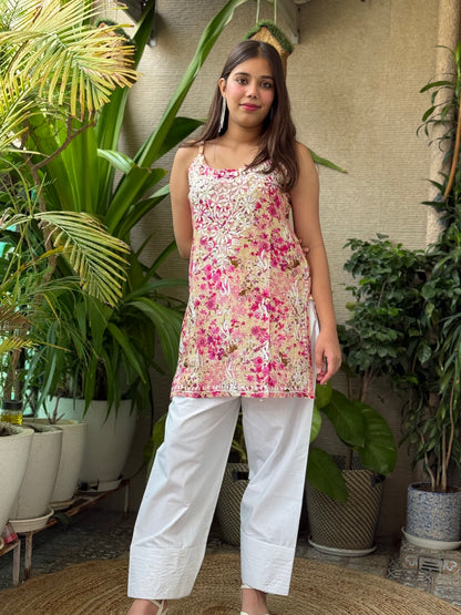 Printed Noodle Strap Chikankari Short Kurti