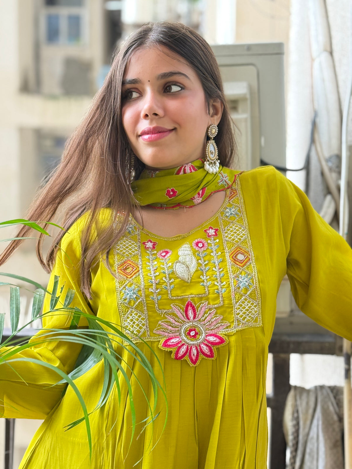 Green Mal Chanderi Aline Dupatta Suit Set