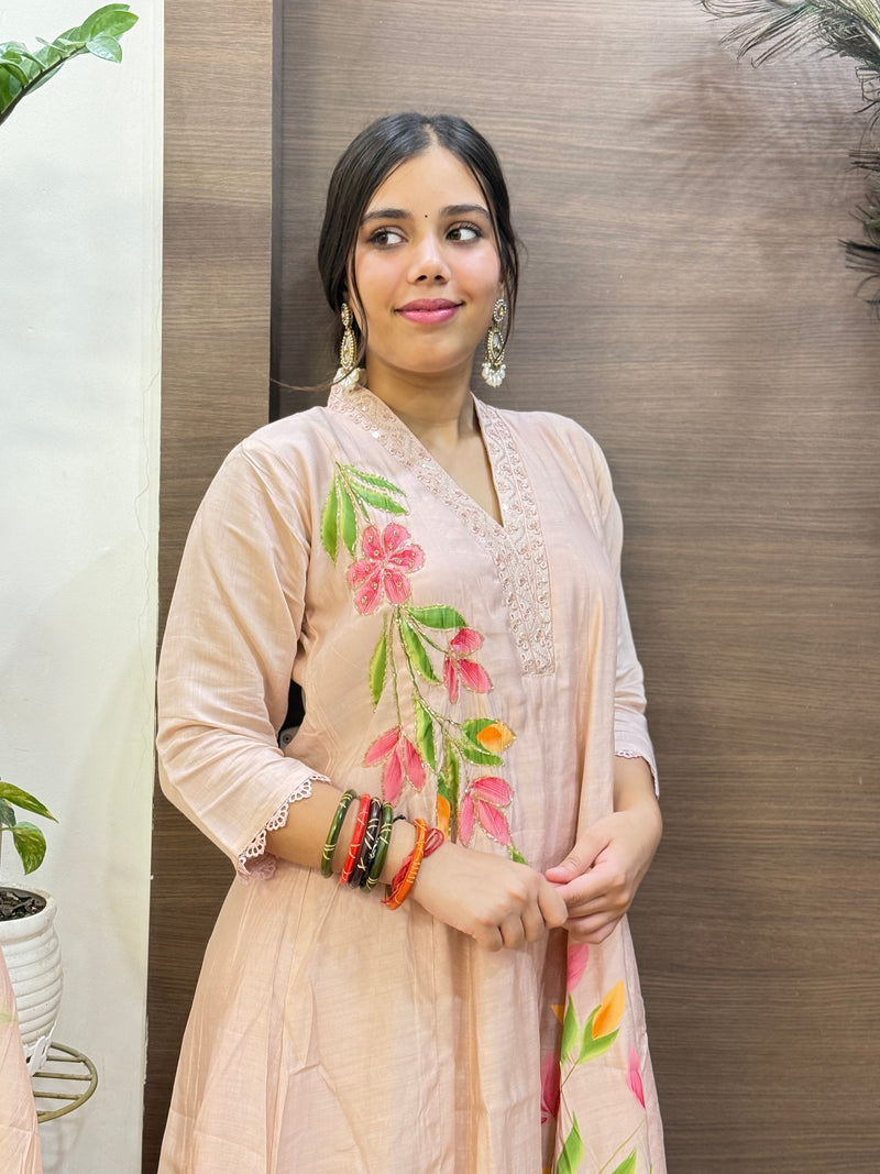 Dusty Pink Mal Chanderi Hand Painted Aline Dupatta Suit Set