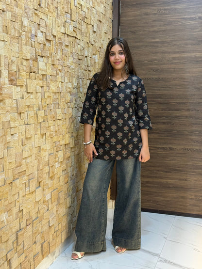 Black Floral Print Corset Short Kurti