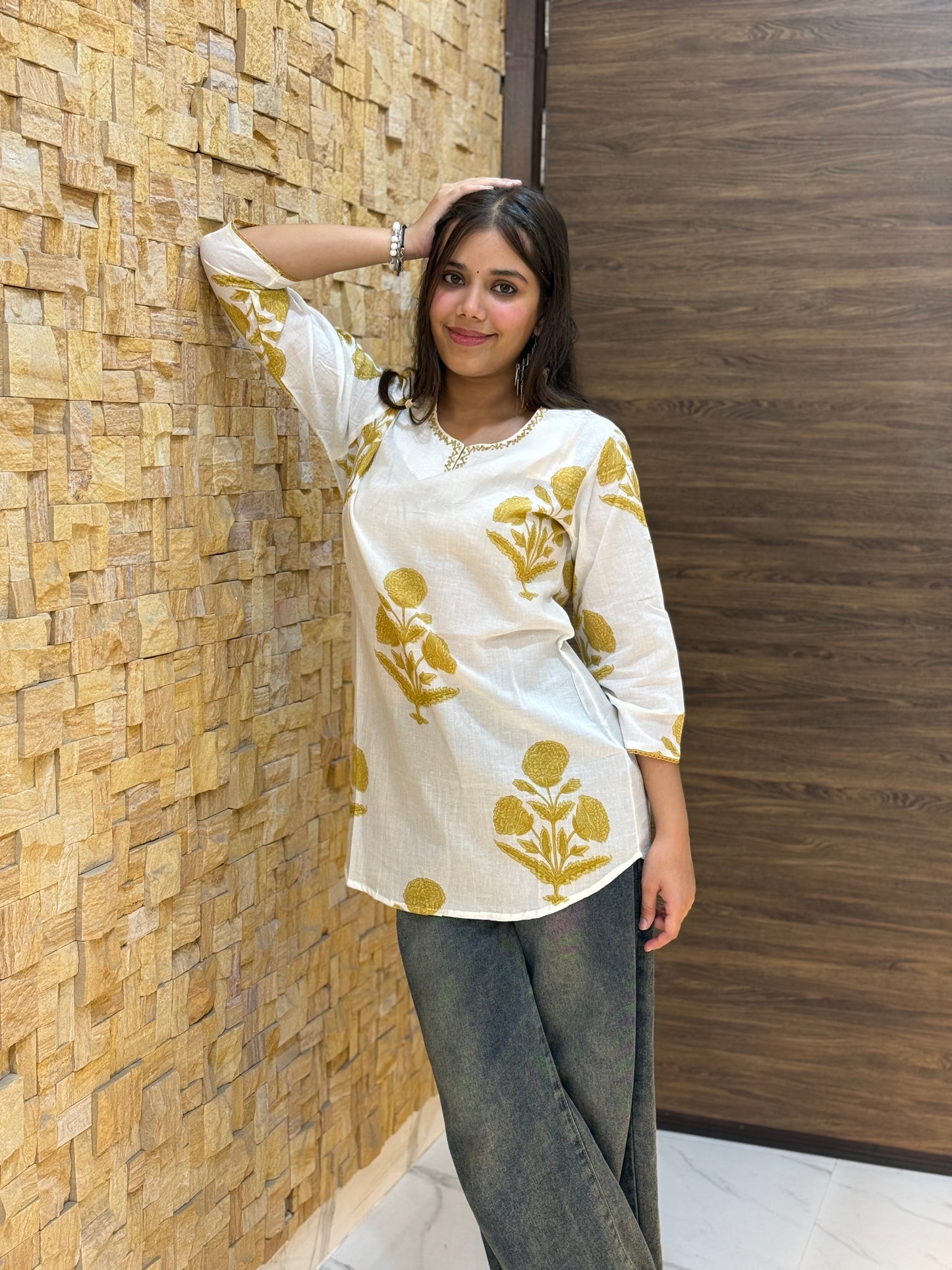 White and Golden Print Short Kurti