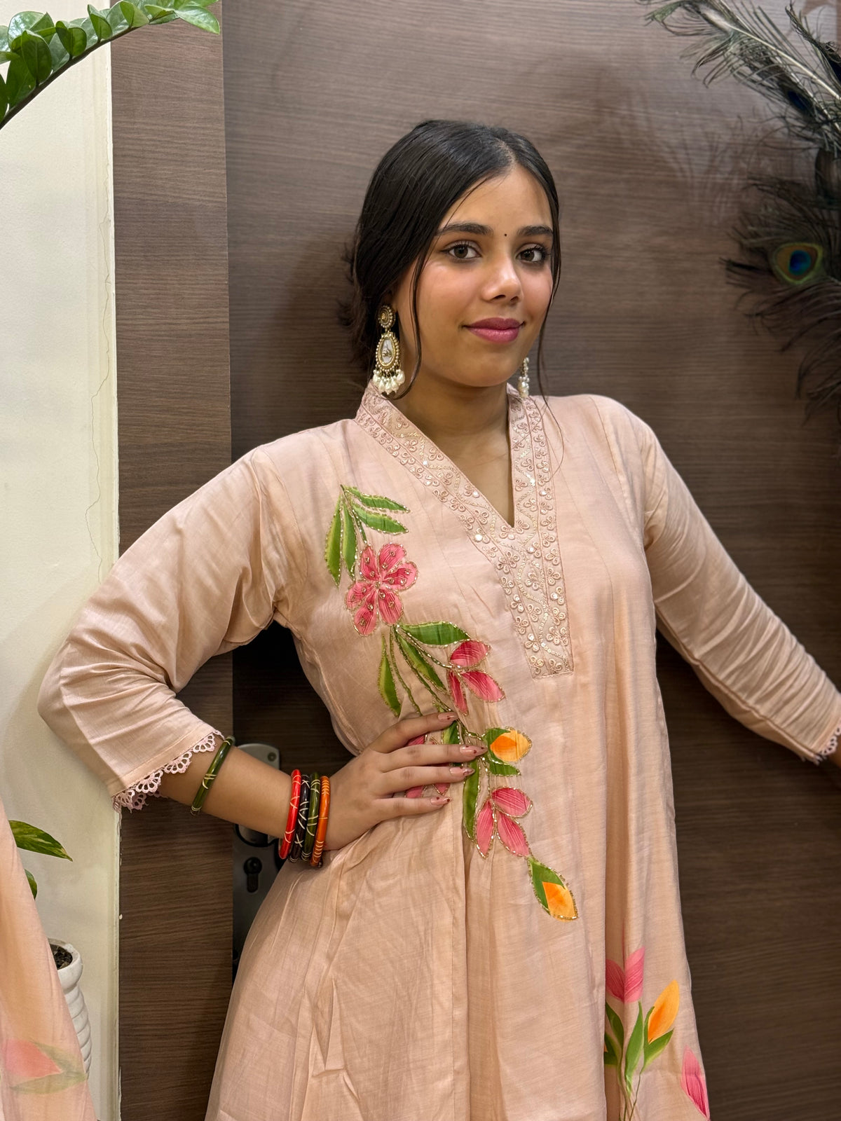 Dusty Pink Mal Chanderi Hand Painted Aline Dupatta Suit Set
