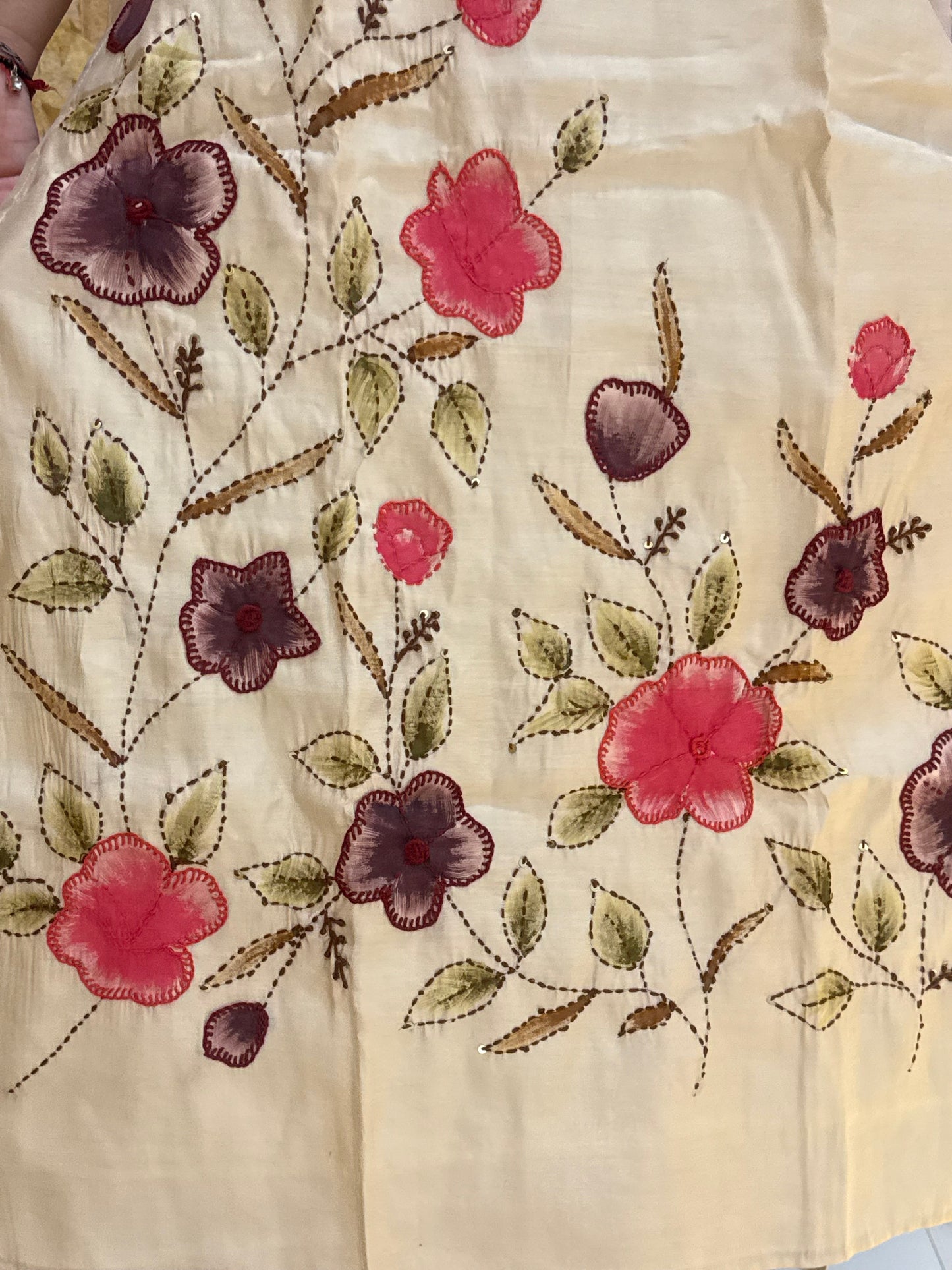 Beige Kantha Embroidery Silk with Dupatta Suit Set