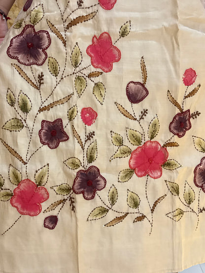 Beige Kantha Embroidery Silk with Dupatta Suit Set