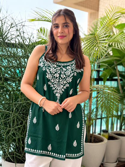 Bottle Green Noodle Strap Chikankari Short Kurti