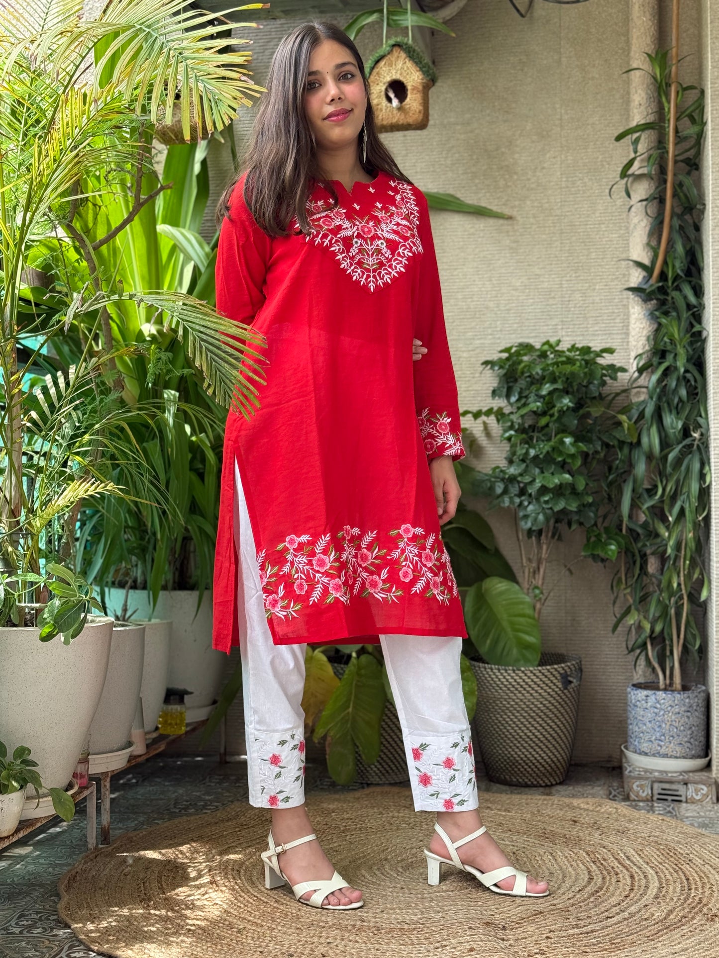 Red Cotton Embroidery Co Ord Set