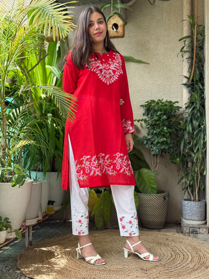 Red Cotton Embroidery Co Ord Set