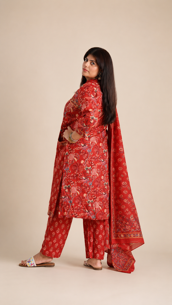 Red Cotton Pocket Style with Mal Dupatta Suit Set