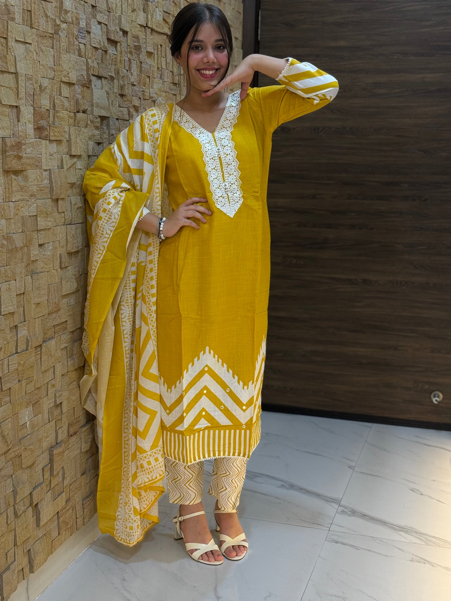 Yellow Digital Print Cotton Suit Set