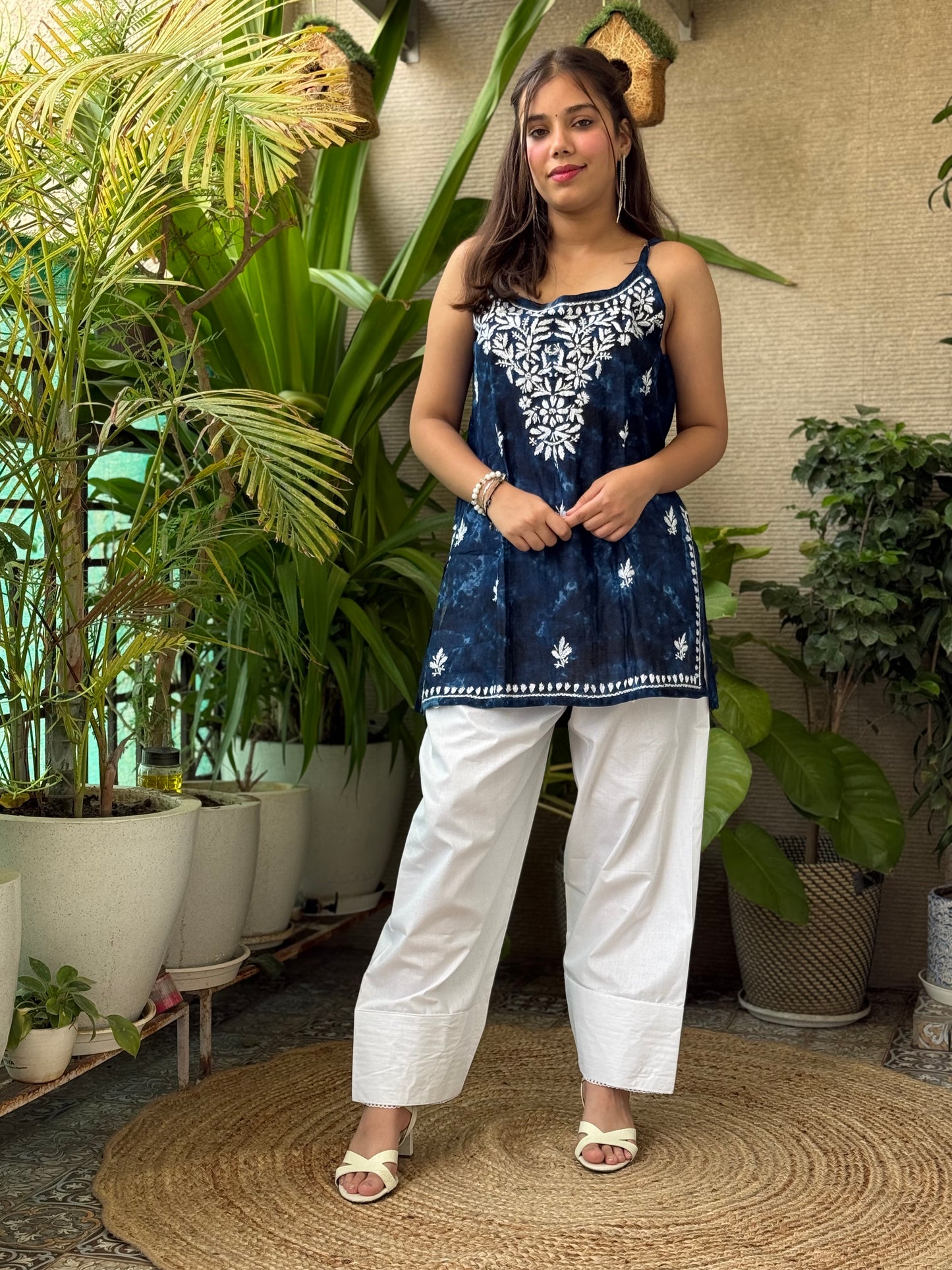 Navy Blue Noodle Strap Chikankari Short Kurti
