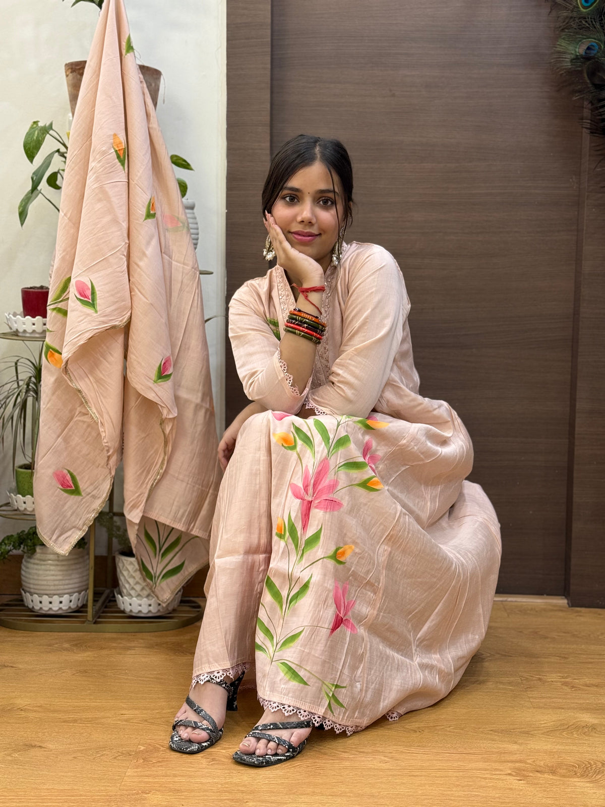 Dusty Pink Mal Chanderi Hand Painted Aline Dupatta Suit Set