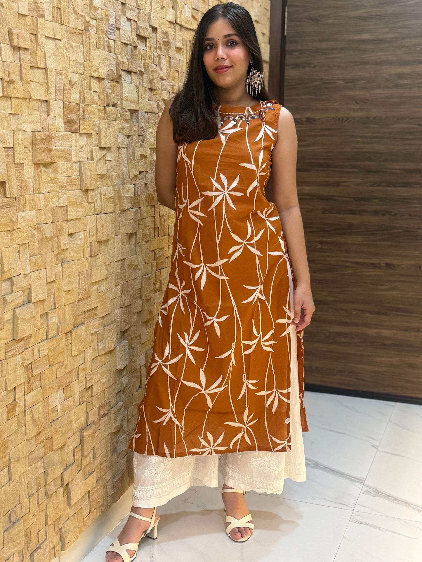 Rust Leaf Print Sleeveless Cotton with Tie-Knot details Kurti