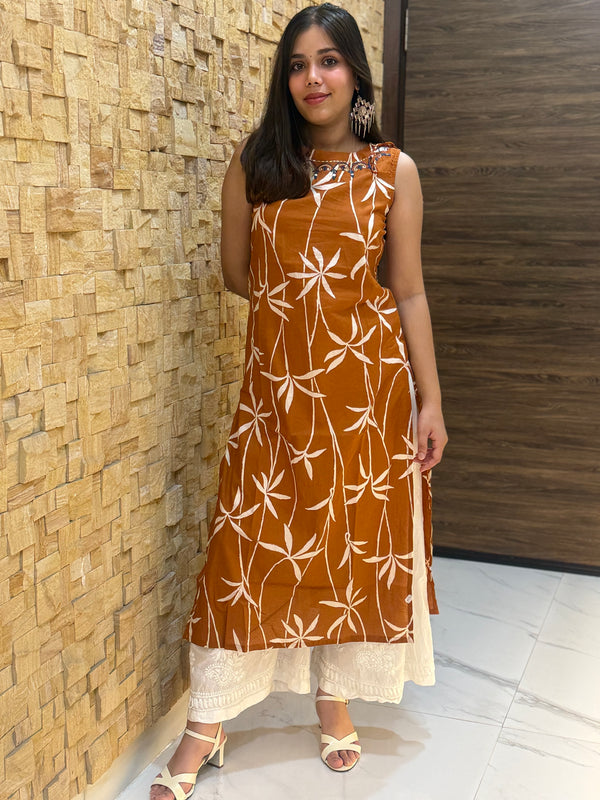 Rust Leaf Print Sleeveless Cotton with Tie-Knot details Kurti