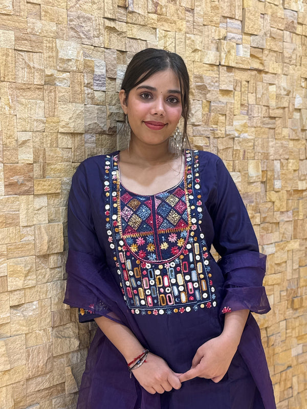 Purple Kantha Embroidery Silk with Dupatta Suit Set