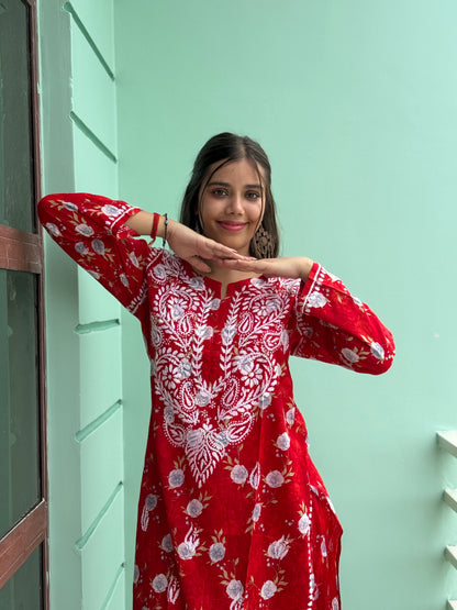 Red Chikankari Malmal Co Ord Set