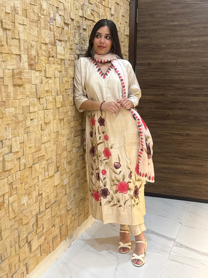 Beige Kantha Embroidery Silk with Dupatta Suit Set