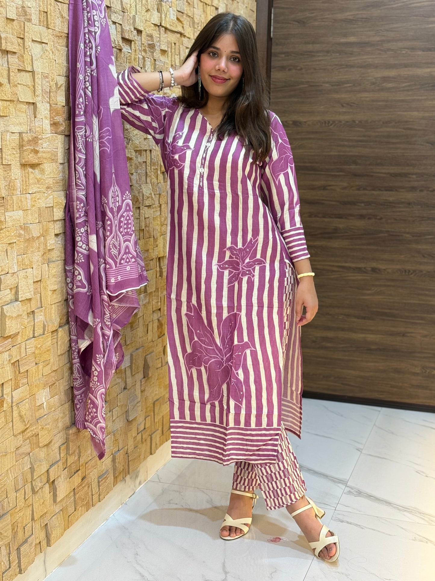 Purple Stripes Digital Print Cotton Suit Set