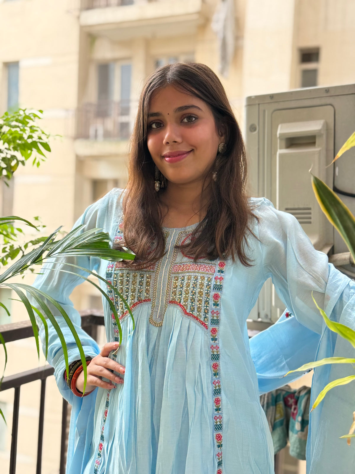 Powder Blue Mal Chanderi Aline Dupatta Suit Set