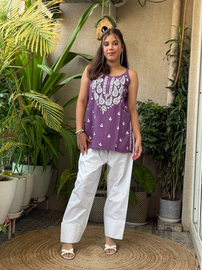 Lavender Noodle Strap Chikankari Short Kurti