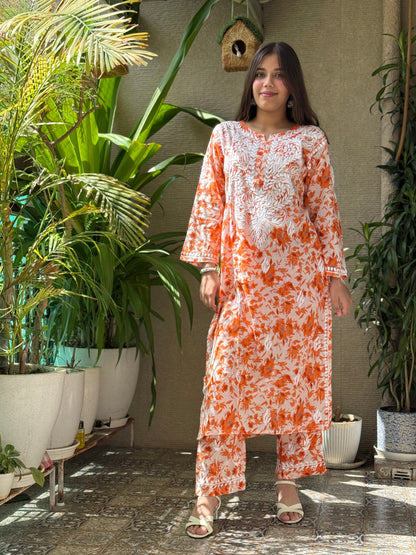 Orange Chikankari Malmal Co Ord Set