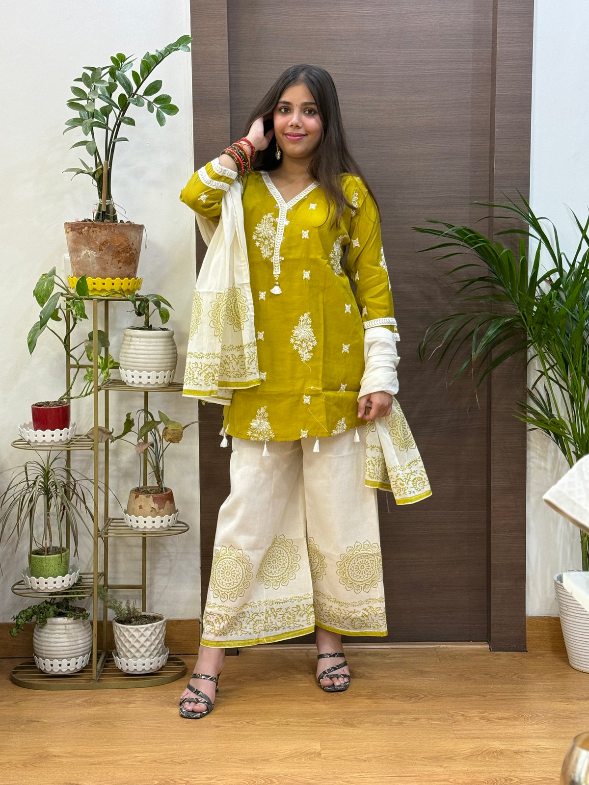 Green Mal Chanderi Palazzo Dupatta Suit Set
