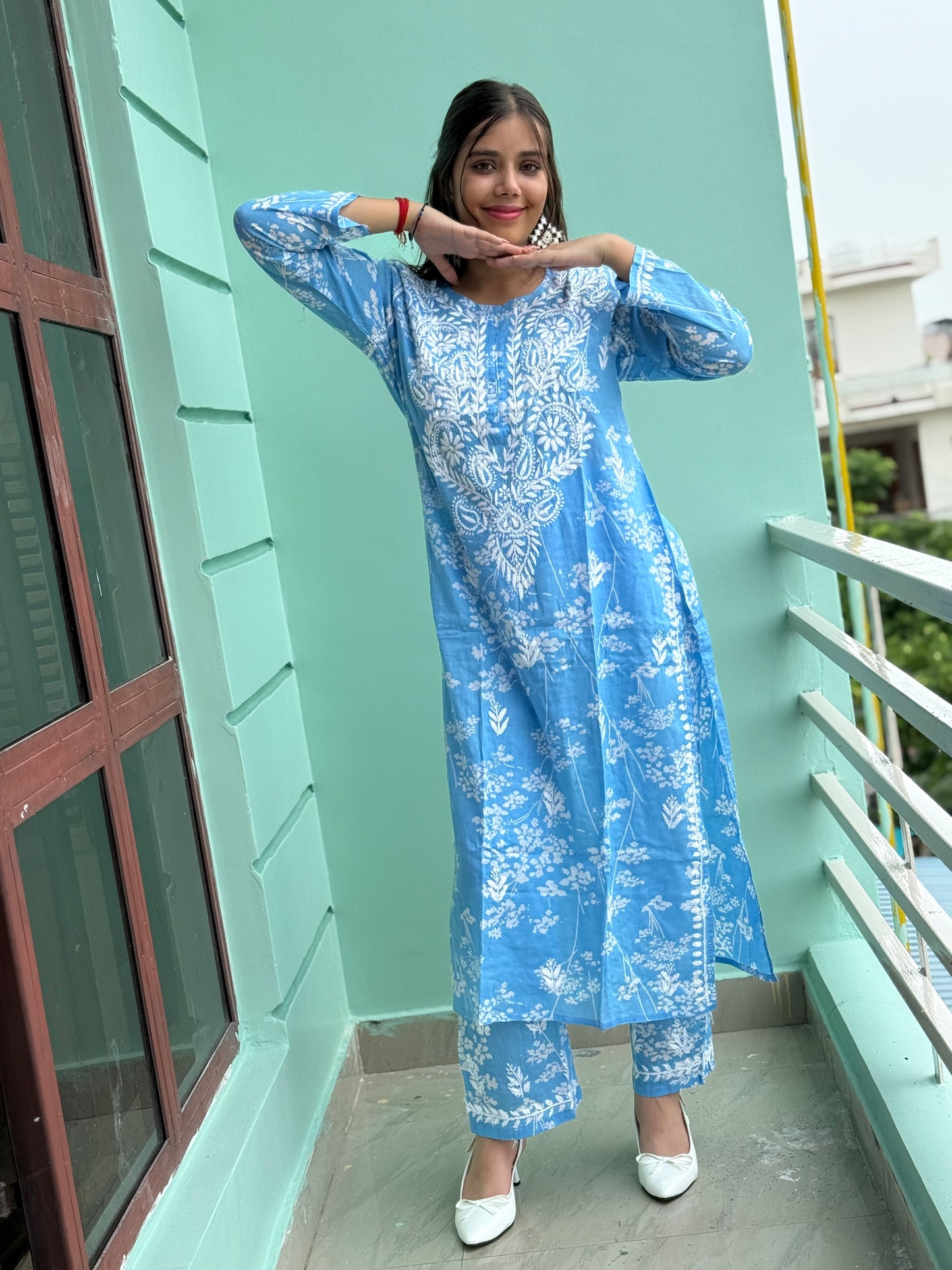 Blue and White Chikankari Malmal Co Ord Set