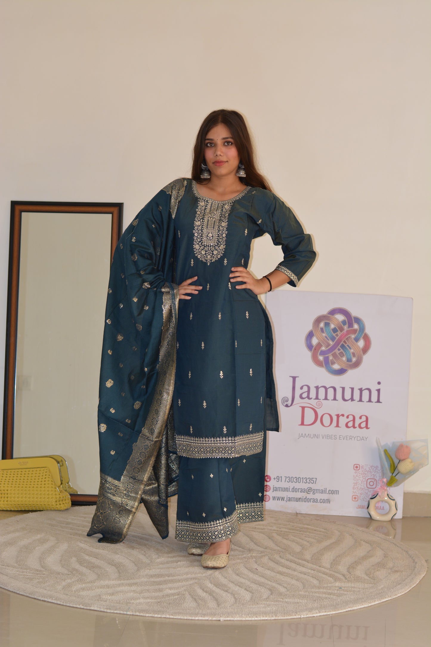 Teal Shimmer Silk Palazzo Set with Banarasi Dupatta